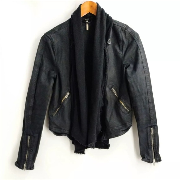 Free People Drape Front Coated Motorcycle Biker Jacket Black Women’s size 4 - Picture 2 of 16